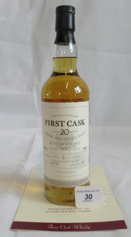 A bottle of 1990 First Cask Glen Garioch Highland Single Malt Scotch Whisky.