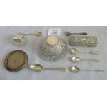 A silver lidded trinket box, silver photo frame and other various items, various dates and makers.