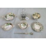 Three silver porringers, silver letter rack, silver letter opener, ashtray and silver bowl,