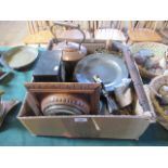 A box of miscellaneous items, to include: copper kettle, pewter plate warmer, marble mantle clock,
