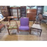 A mid-20th century armchair, a Victorian mahogany carver chair and an Edwardian single chair.