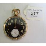 A gold plated pocket watch, black face with Arabic numerals, contrasting seconds dial,