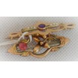 A Victorian yellow metal bar brooch, having three pearls in line to each side of a central amethyst,