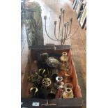 A box of miscellaneous glass and metalwares, to include: stick stand, candlesticks,