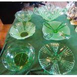 Six items of 1930's green glass, to include: twin handled bowl, cake stand and four other items.