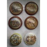 A collection of six 19th century polychrome Prattware pot lids, to include: On Guard,