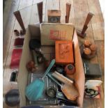 A box of miscellaneous household items, to include: picture frames, treen and a dressing table set.