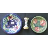 A Moorcroft bowl, together with a Moorcroft dish and Moorcroft vase, various patterns.