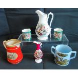 Six items of various Prattware, to include: a large jug decorated with shells,