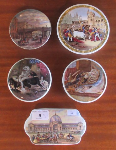 A collection of five polychrome pot lids, to include: Holborn Viaduct and Alexandra Palace,