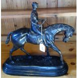 A 20th century bronze group, horse with jockey-up on marble plinth.