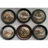 A collection of six 19th century polychrome Prattware pot lids, to include: Peace,