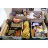 Four boxes of miscellaneous items, to include: brass bugle, biscuit tins, toys,