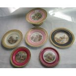 Five miscellaneous 19th century transfer decorated Prattware plates, together with a similar tazza.