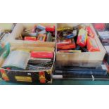 Three boxes of model railways, to include: engines, carriage, rolling stock,