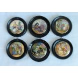 A set of six 19th century polychrome Prattware pot lids, to include: The Rivals and Uncle Toby,