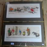 A pair of framed and glazed over printed prints, caricatures of dogs.