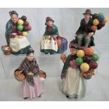 A collection of five Doulton figurines, to include: Biddy Penny Farthing HN1843,