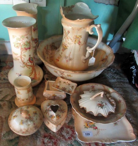 A Crown Devon jug & bowl, two vases, brush pot and other related items.