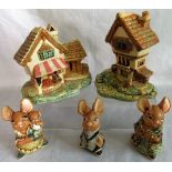 A collection of five Pendelfin ornaments, to include: fruit shop, castle tavern,