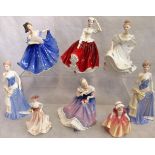 A collection of eight Royal Doulton and Coalport figurines, to include: Gail HN2937, Elaine HN2791,