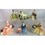 A collection of six Royal Doulton figurines, Caroline HN2974, Solitude HN2810, Elyse HN2429,