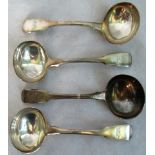 Four silver sauce ladles, London 1812, each with otter and fish engraved decoration.