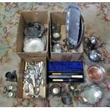 A large quantity of silver plated wares to include: trays, tea set, bowls and assorted flatware.