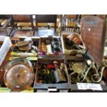 Six boxes of various items, to include: brass wall lights, powder flask, Oriental carving set,