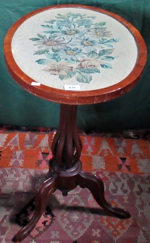 An Edwardian tilt-top table with oval tapestry panel, formerly a pole screen.