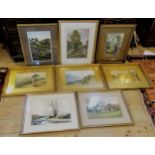 A collection of eight various watercolours, depicting landscapes, river scene,
