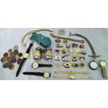 A mixed lot containing: wristwatches, pocket watch, coins, chains and a pair of opera glasses.