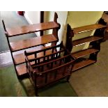 Two pairs of oak hanging book shelves, together with a reproduction Canterbury.