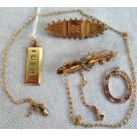 A 9ct gold ingot pendant, two bar brooches and an Edwardian openwork pendant and chain.