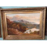 A large 19th century gilt framed oil on canvas, Highland scene with figures and dogs to the fore.