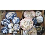 Two boxes of miscellaneous china to include an 'Old Willow' tea service,