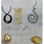 A collection of six items of studio glass, to include: a Caithness candlestick,