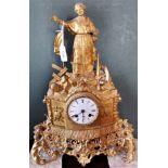 A 19th century French ormolu mantle clock the enamel dial below a cleric lamenting revolution.