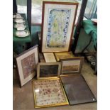 A 19th century sampler, together with a framed and glazed watercolour of floral studies,