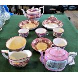 A quantity of 19th century pink lusterware, to include: teapot, plates, cups,