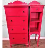 A painted chest of four graduated drawers, together with a narrow set of shelves on pad feet.