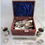 A Victorian wooden table box, containing a quantity of flatware, goblets and other items.