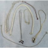 A 9 carat gold chain, together with two pearl necklaces, pearl earrings and other items.