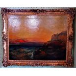 A large 19th century gilt framed oil on canvas seascape, rocky shores at sunset.