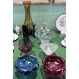 Nine items of coloured studio glass to include: a Waterford crystal bowl,