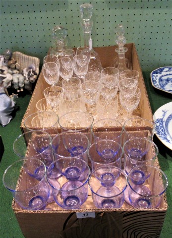 Two boxes of miscellaneous glassware to include: decanters, whisky tumblers and other related items.