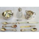A quantity of silver items, to include: a plain circular bowl, a loving cup, talcum shaker,