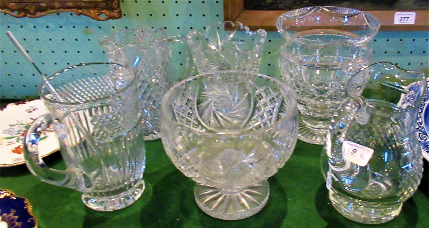 Six items of glassware, to include: lemonade jug, water jug and other related items.