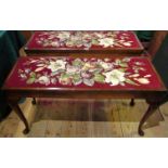 A pair of reproduction mahogany and upholstered duet stools.