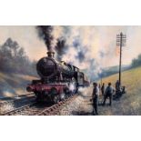 A mid-20th century framed print of railway workers watching as the steam train goes past,